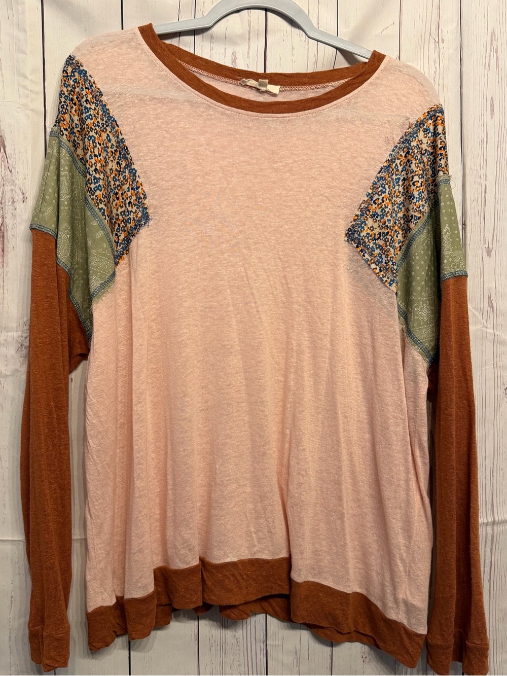 easel Pink and Rust Colorblock Long Sleeve Tee with Floral Panels